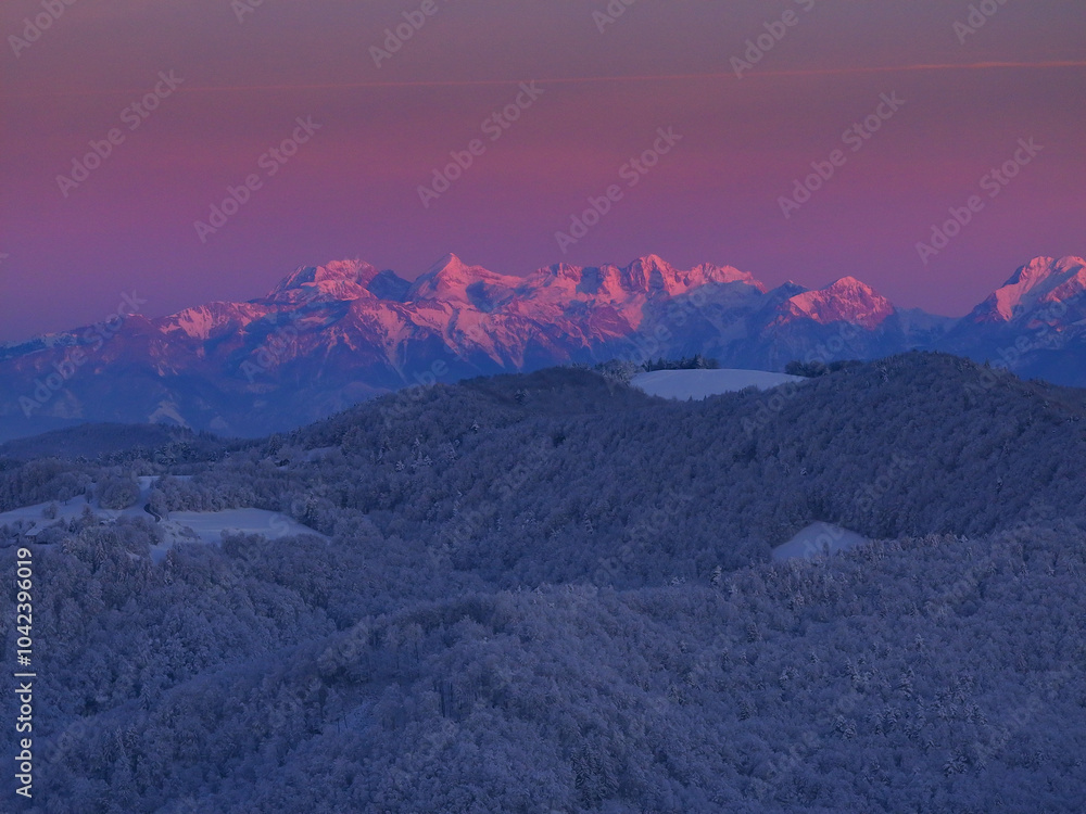 Fototapeta premium AERIAL: White mountain peaks above hilly countryside bathing in soft pink glow as the day awakens after fresh snowfall. Winter alpine landscape with snow at all altitudes in beautiful morning light.