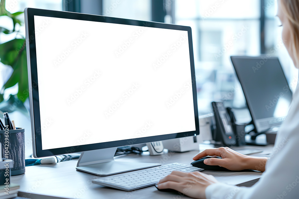 Person working at a modern office desk with a blank computer screen, engaged in digital tasks and productivity, emphasizing clean workspace. Person working at a modern office desk with a blank computer screen, engaged in digital tasks and productivity, emphasizing clean workspace.