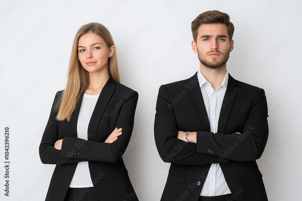 Professional business team portrait, confident man and woman in smart suits standing with arms crossed, white background. Professional business team portrait, confident man and woman in smart suits standing with arms crossed, white background.