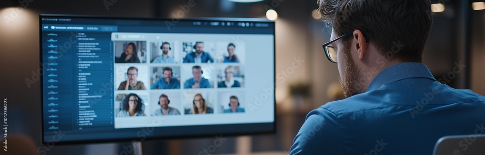 Professional man engaged in a virtual meeting on his computer in a modern office setting, showcasing teamwork and digital communication.