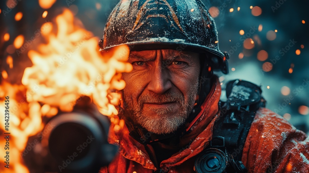 Firefighter in protective gear intensely focuses amidst flames and sparks, illustrating courage and determination in a dynamic scene Firefighter in protective gear intensely focuses amidst flames and sparks, illustrating courage and determination in a dynamic scene