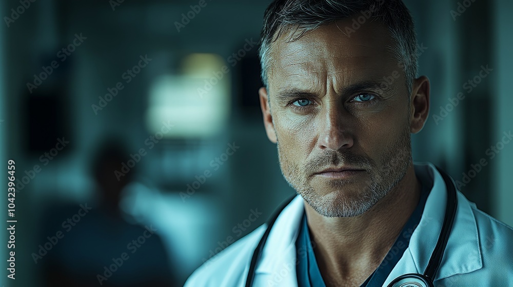Obraz premium Serious-looking man wearing a stethoscope, standing in a dimly lit room with blurred background