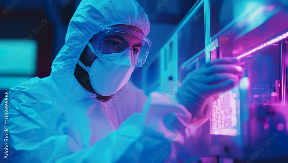 Scientist in Protective Gear Working on High-Tech Equipment in Nanotechnology Lab