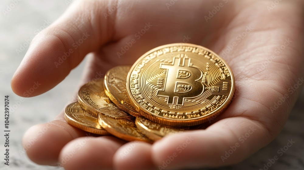 Hand is holding several shiny, gold-colored physical coins featuring the Bitcoin logo, with a blurred background visible Hand is holding several shiny, gold-colored physical coins featuring the Bitcoin logo, with a blurred background visible