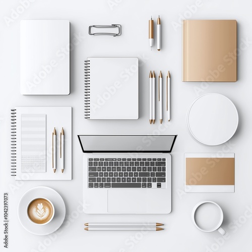 Top view of a minimalistic workspace with a laptop, stationery, coffee, and notebooks on a clean white background. photo