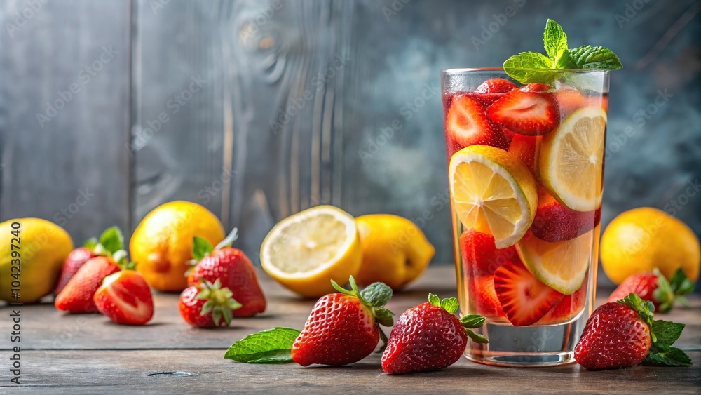 Refreshing glass of strawberry lemonade with fresh fruit slices Refreshing glass of strawberry lemonade with fresh fruit slices