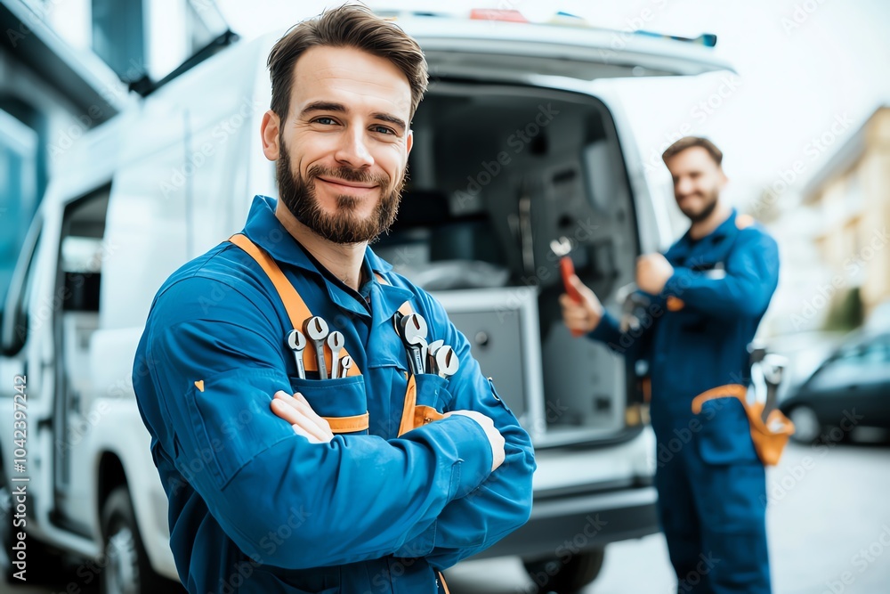Two professional technicians in blue uniforms working with equipment, standing confidently near a service van, ready for repair tasks. Two professional technicians in blue uniforms working with equipment, standing confidently near a service van, ready for repair tasks.