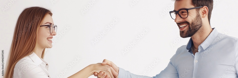 Two professionals smiling and shaking hands in a modern office. Business handshake and teamwork concept for collaboration success. Two professionals smiling and shaking hands in a modern office. Business handshake and teamwork concept for collaboration success.