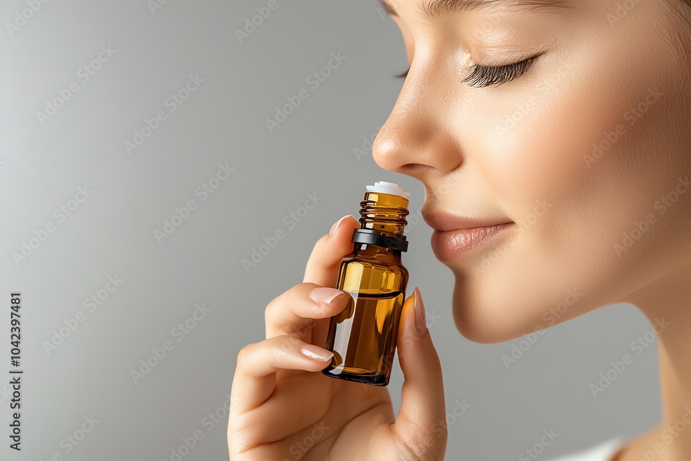 Fototapeta premium Woman enjoying aroma of essential oil from a small amber bottle, relaxation and wellness concept.