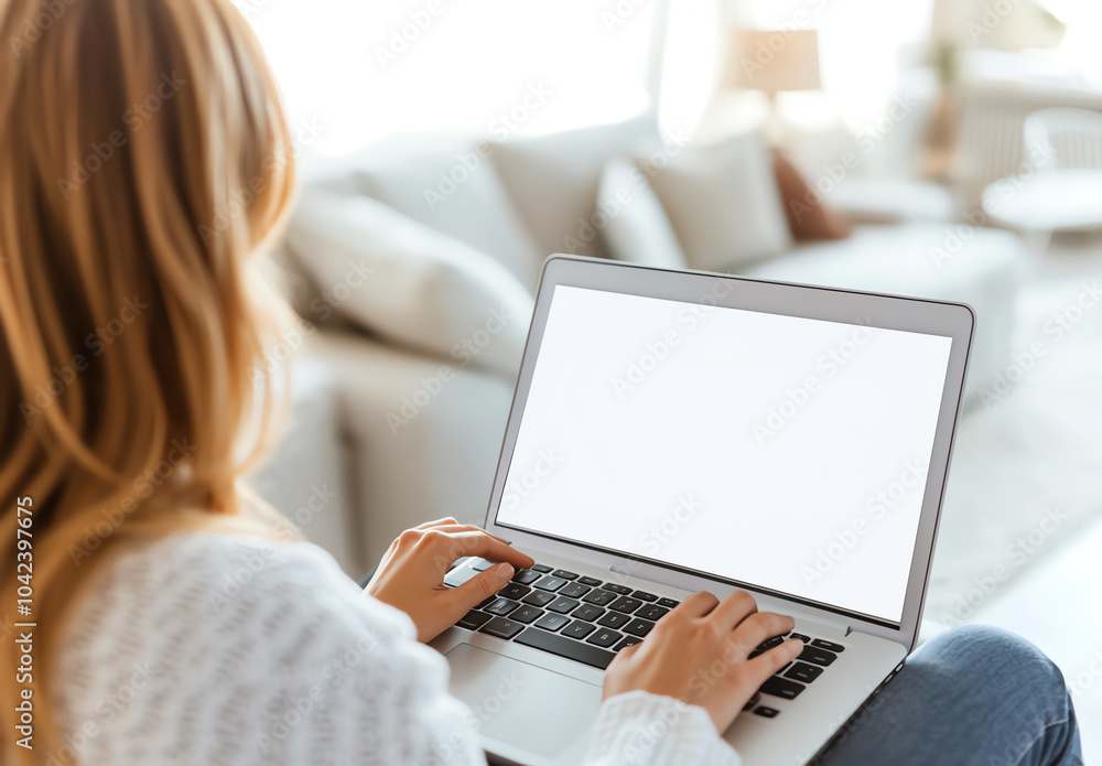 Woman working comfortably on a laptop with a blank screen, sitting on a couch in a bright, cozy living room. Woman working comfortably on a laptop with a blank screen, sitting on a couch in a bright, cozy living room.