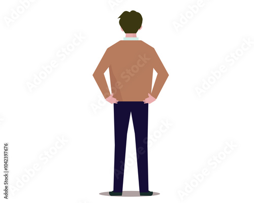 腰に手を当てる後ろ姿の男性。ベクターイラスト