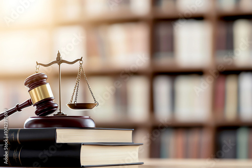 Wooden gavel and scales on books with blurred library background, symbolizing justice, law, and legal proceedings in a professional setting. photo