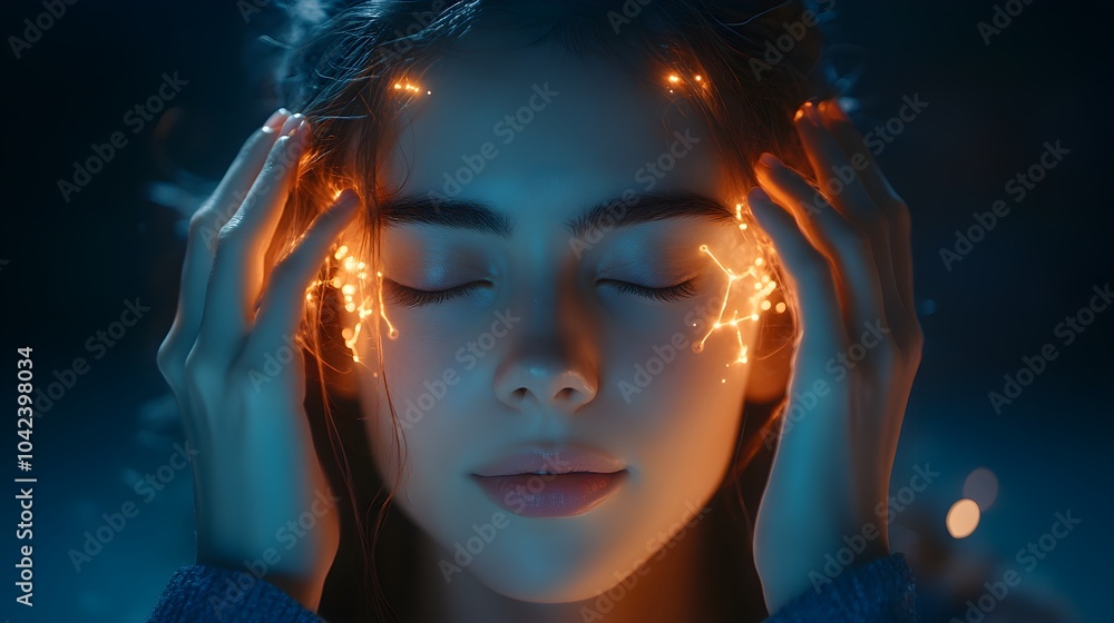 Fototapeta premium A serene woman with glowing neural nodes around her temples, soft futuristic lighting, representing emotional resilience, realism, cool tones