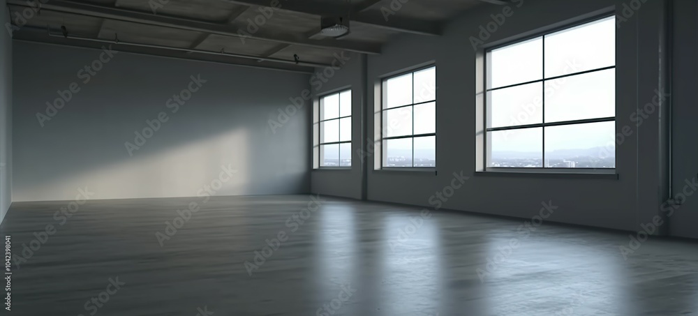Empty Loft Room with Large Windows Empty Loft Room with Large Windows