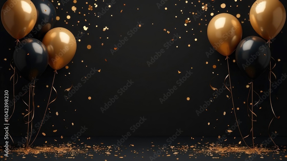 custom made wallpaper toronto digitalBlack and gold balloons float against a dark background with golden confetti raining down.