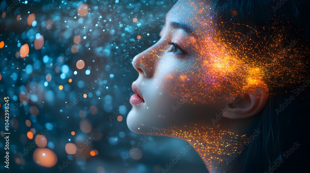 A woman immersed in futuristic holograms, her glowing brain activity flowing into streams of digital data, symbolizing the blend of technology and human cognition A woman immersed in futuristic holograms, her glowing brain activity flowing into streams of digital data, symbolizing the blend of technology and human cognition