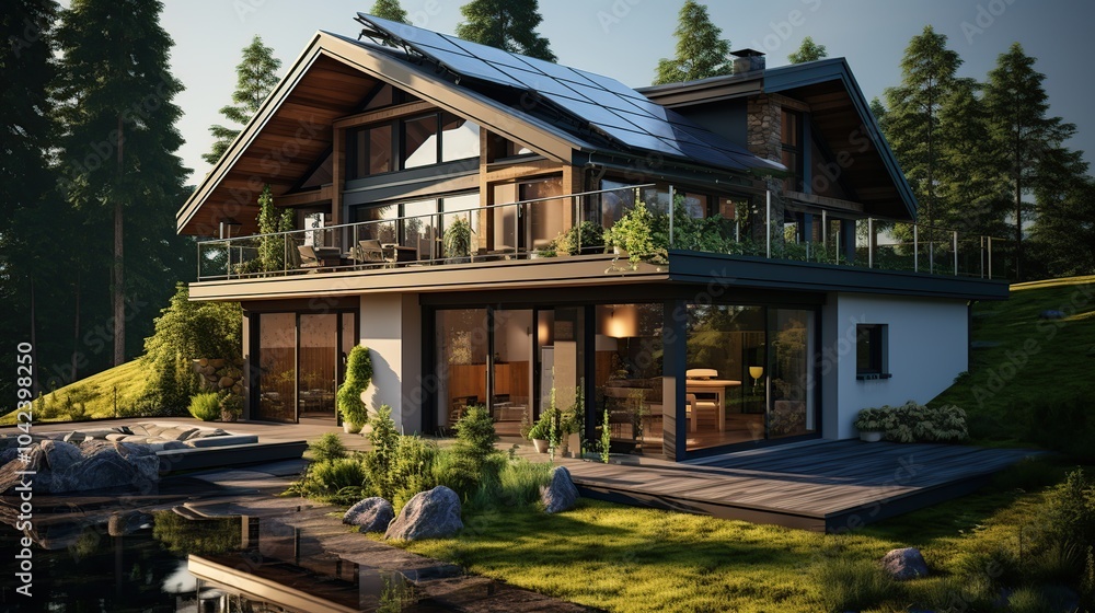 Modern chalet style house with large windows, a wooden deck and a swimming pool, set in a forested area. Modern chalet style house with large windows, a wooden deck and a swimming pool, set in a forested area.