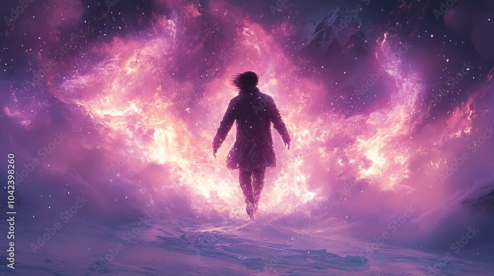 Obraz premium Person walks forward in a snowy landscape, surrounded by swirling pink and purple flames, creating a dramatic scene