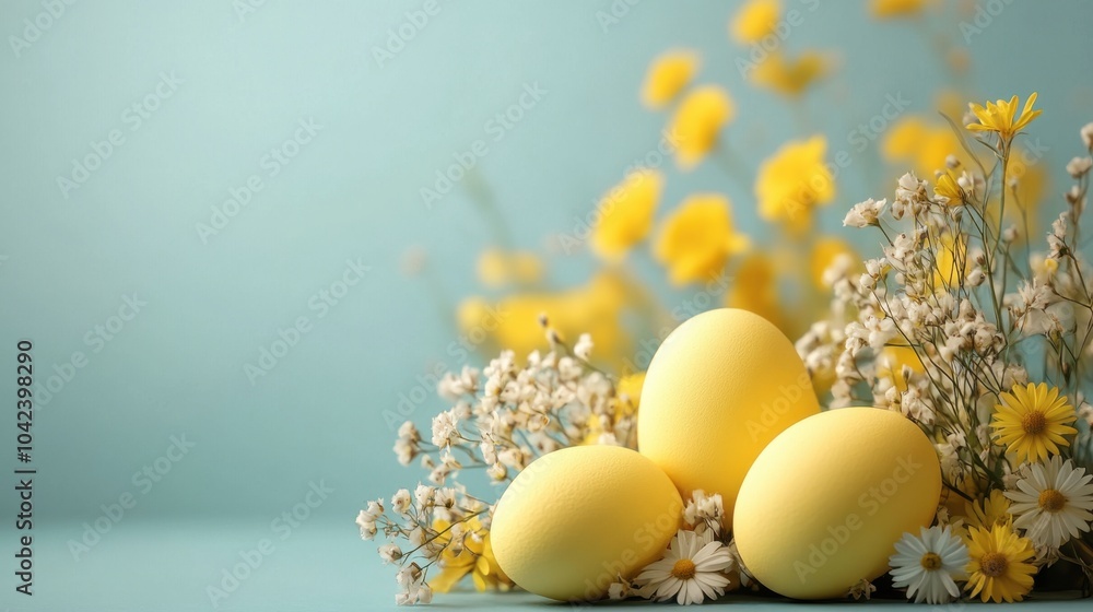 Nestled Yellow Eggs with Delicate Spring Blossoms in a Cozy Setting Easter decor, copy space Copy Space Nestled Yellow Eggs with Delicate Spring Blossoms in a Cozy Setting Easter decor, copy space Copy Space
