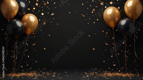 Wallpaper Mural Black and gold balloons float against a dark background with golden confetti raining down. Torontodigital.ca