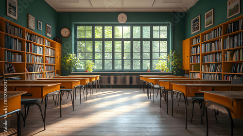 Bright classroom with woode...