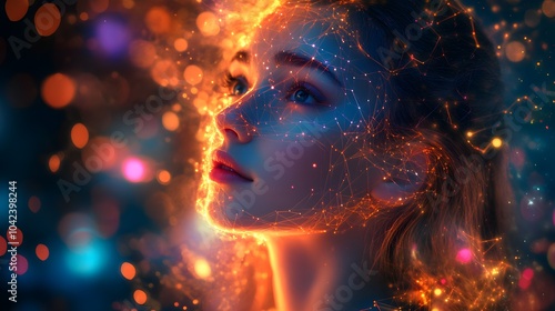 Wallpaper Mural A woman encircled by glowing neural connections, digital data streams flowing around her, representing human cognition and futuristic AI, cyberpunk, neon lights Torontodigital.ca