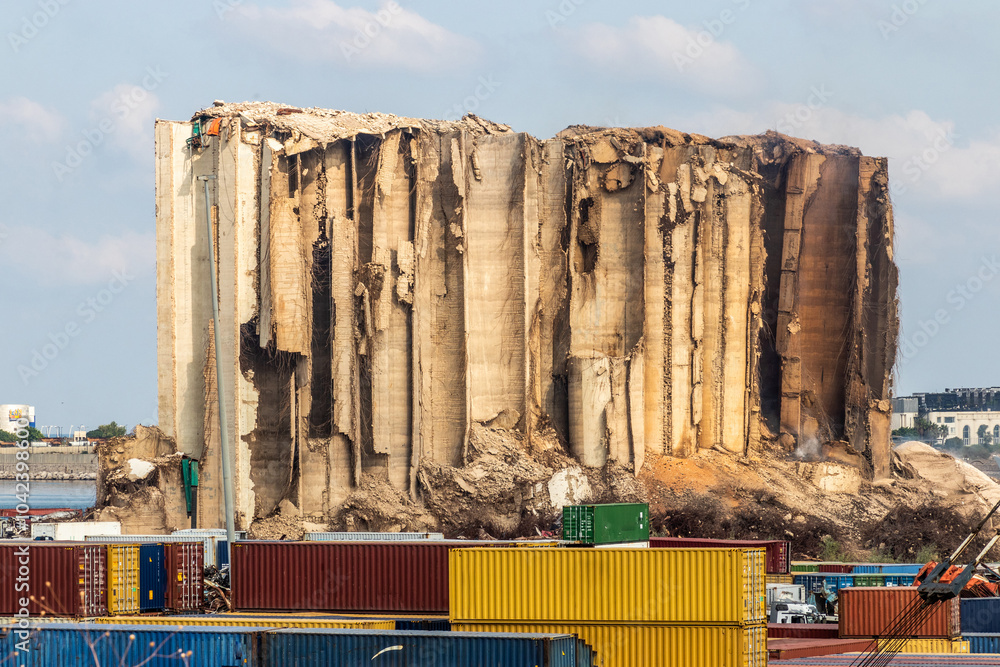 Fototapeta premium View of Beirut port grain silos after their partial collapse on July 31, 2022.