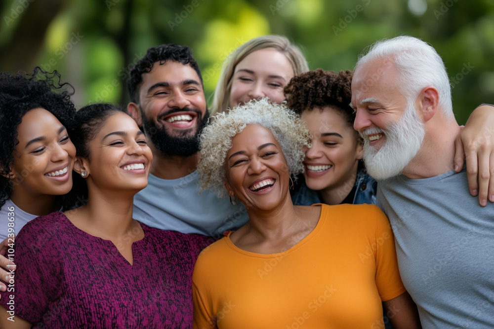 A diverse group of people listening to birdsong in a park, smiling and engaged