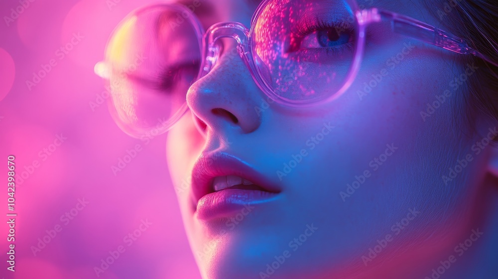 Close-up of a person's face wearing large, transparent glasses with vibrant pink and purple lighting, creating a dreamy effect