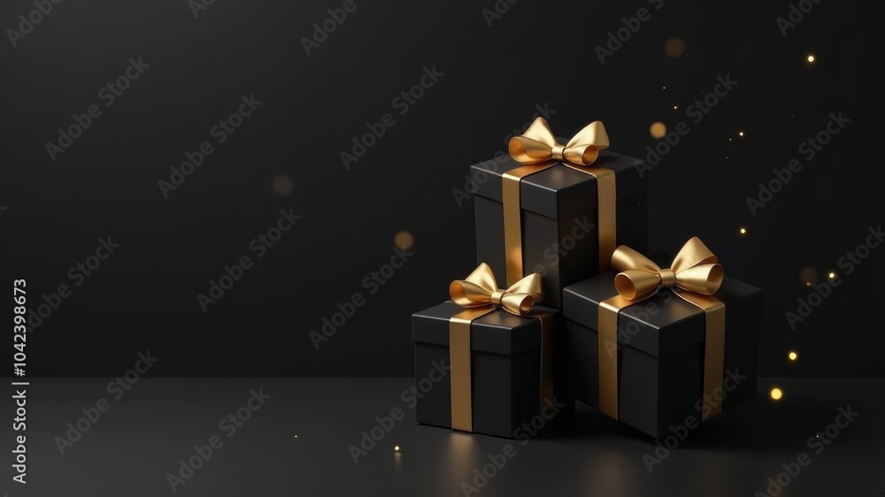 Black gift boxes with gold bows on a black background with copy space. Black Friday sale concept Black gift boxes with gold bows on a black background with copy space. Black Friday sale concept