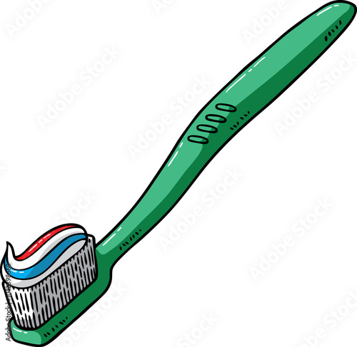 Vector Cartoon Hand Drawn Green Toothbrush With Toothpaste