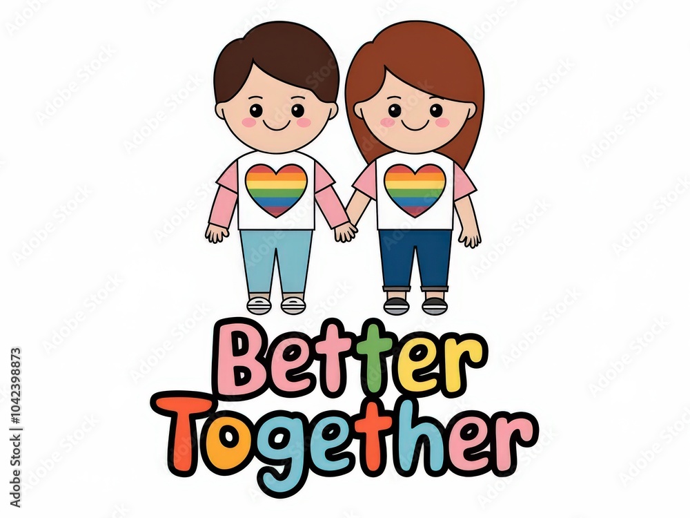 Cute Cartoon Characters Holding Hands with Rainbow Heart Shirts and Better Together Text Cute Cartoon Characters Holding Hands with Rainbow Heart Shirts and Better Together Text