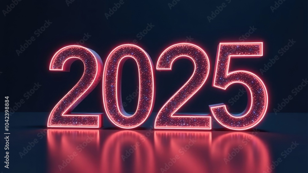 Volumetric neon numbers 2025 glow with reflection on a dark background. Happy New Year greeting card. New Year concept Volumetric neon numbers 2025 glow with reflection on a dark background. Happy New Year greeting card. New Year concept