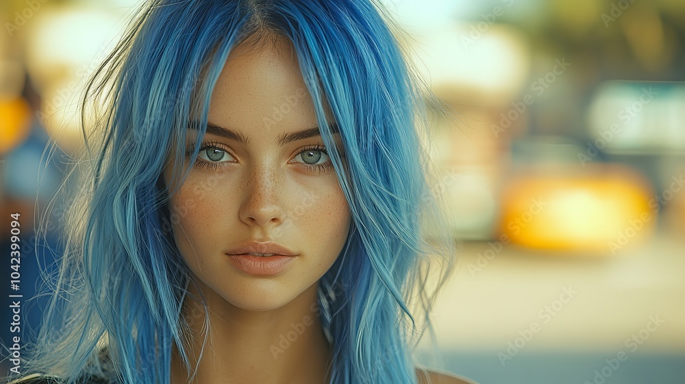 Fototapeta premium Person with blue hair and blue eyes is looking directly at the camera in a blurred outdoor background