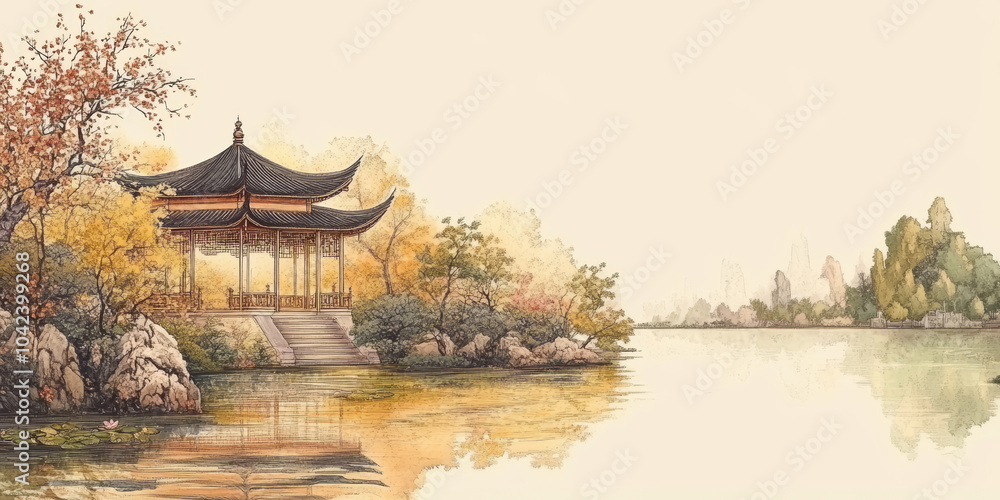 Obraz premium Traditional Chinese style of minimalist landscape painting art background
