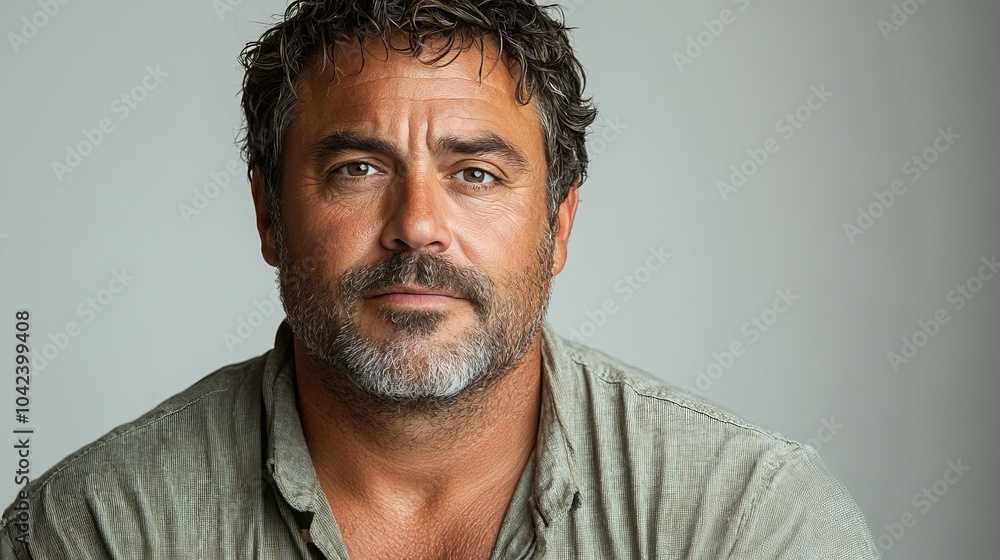 Fototapeta premium Man with short curly hair and a beard, wearing a grey shirt, poses against a neutral background while smiling slightly