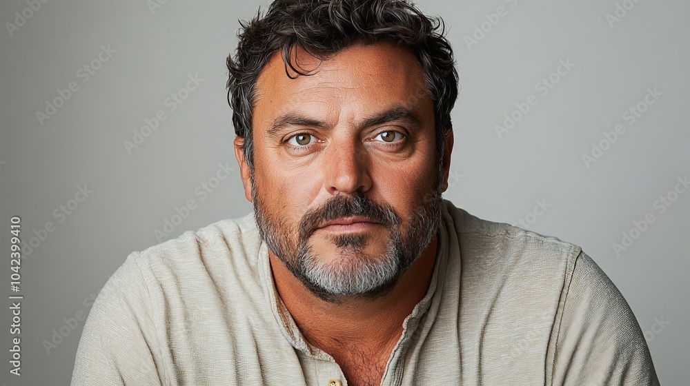 Man with short, wavy dark hair, a beard, wearing a light-colored shirt, against a neutral background Man with short, wavy dark hair, a beard, wearing a light-colored shirt, against a neutral background