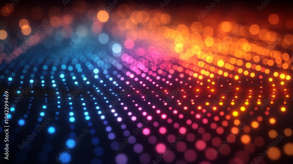 Showcases a vibrant pattern of glowing blue, pink, and orange dots, creating a dynamic, colorful wave effect Showcases a vibrant pattern of glowing blue, pink, and orange dots, creating a dynamic, colorful wave effect