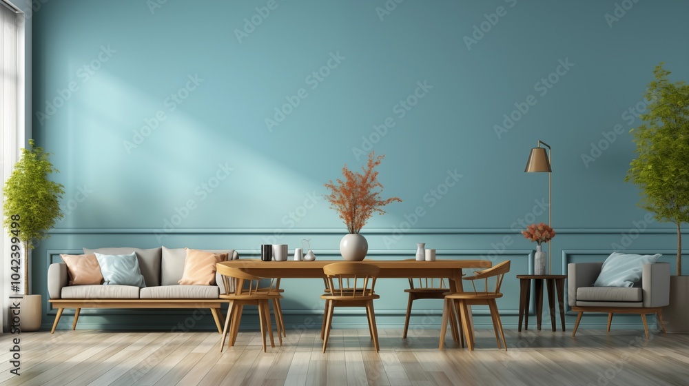 Fototapeta premium Sleek apartment interior with blue accent wall, dining table, and chairs, offering a minimalist space for decor.