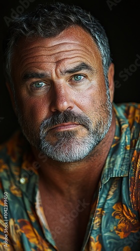 Man with gray hair and a beard, wearing a patterned shirt, looking directly into the camera