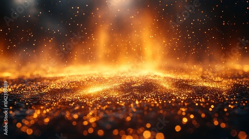 Shows vibrant, glowing orange and gold particles floating and sparkling against a dark background, creating a magical atmosphere