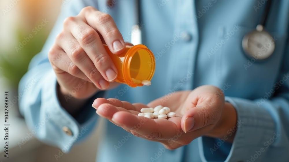 A doctor's hand in a blue lab coat pours orange and white capsules into her palm. Healthcare medicine concept A doctor's hand in a blue lab coat pours orange and white capsules into her palm. Healthcare medicine concept