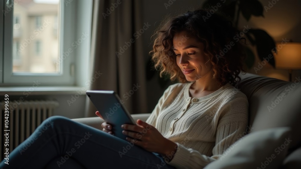 A young woman in a white sweater and blue jeans is sitting on a beige couch and looking at a tablet, bathed in soft, warm light from a nearby lamp.
A young woman in a white sweater and blue jeans is sitting on a beige couch and looking at a tablet, bathed in soft, warm light from a nearby lamp.