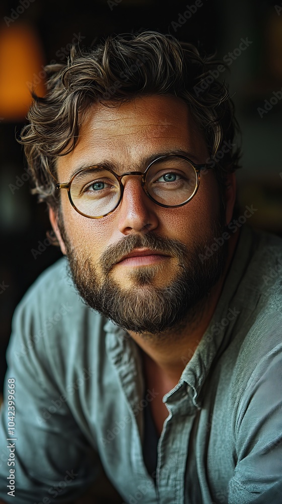 Man with curly hair, wearing glasses and a gray shirt, looking thoughtfully at the camera Man with curly hair, wearing glasses and a gray shirt, looking thoughtfully at the camera
