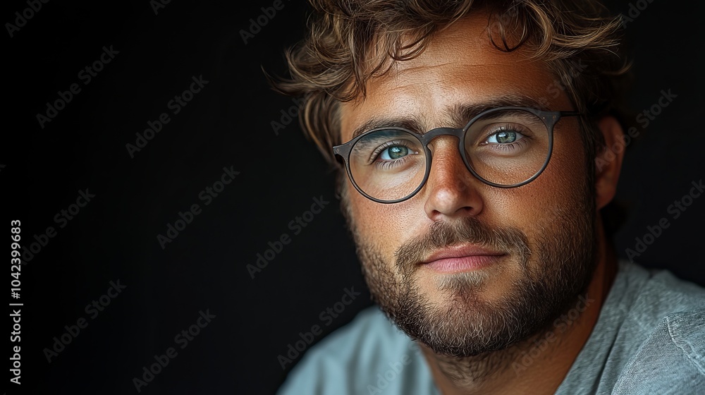 Man with glasses and a beard looks directly at the camera against a dark background, wearing a gray shirt Man with glasses and a beard looks directly at the camera against a dark background, wearing a gray shirt