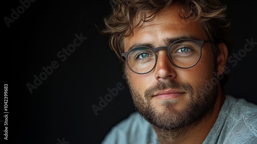 Man with glasses and a beard looks directly at the camera against a dark background, wearing a gray shirt