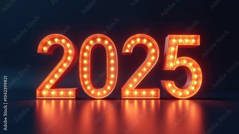 Volumetric numbers 2025 glow with reflection on a dark background. Happy New Year greeting card. New Year concept Volumetric numbers 2025 glow with reflection on a dark background. Happy New Year greeting card. New Year concept