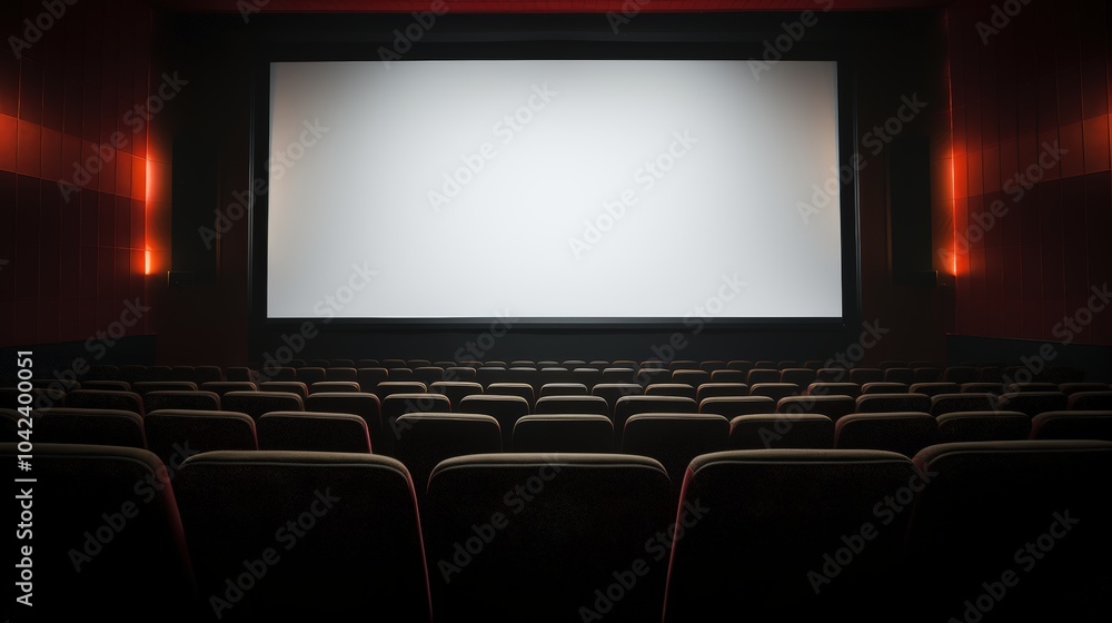 Empty of cinema in blue color with white blank screen. Mockup of hall, no people Empty of cinema in blue color with white blank screen. Mockup of hall, no people