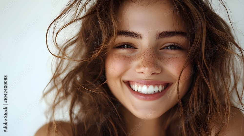 Happy girl laughing at the camera, close-up shot, bright white background, modern photography style, clean aesthetic, subtle shadows, bright colors Happy girl laughing at the camera, close-up shot, bright white background, modern photography style, clean aesthetic, subtle shadows, bright colors