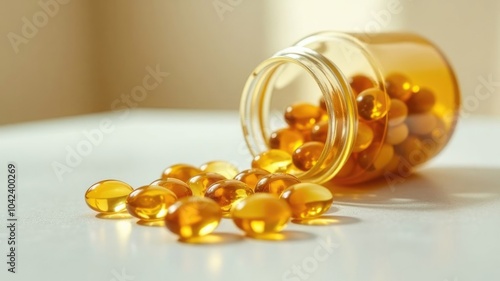 Glass jar with bright orange fish oil capsules are spilled on a gray surface. Health and wellness concept